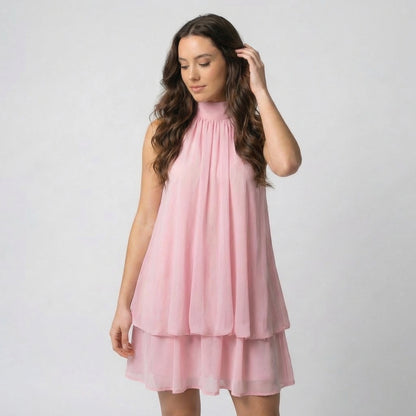 Claudine Women’s Chiffon Sleeveless Halter Mini Dress Tie-Back