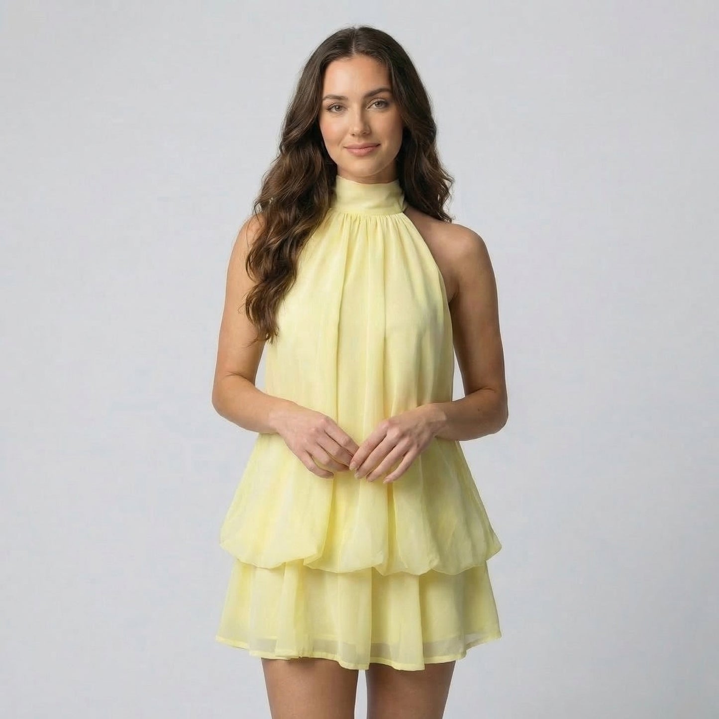 Claudine Women’s Chiffon Sleeveless Halter Mini Dress Tie-Back