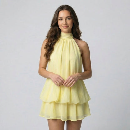 Claudine Women’s Chiffon Sleeveless Halter Mini Dress Tie-Back