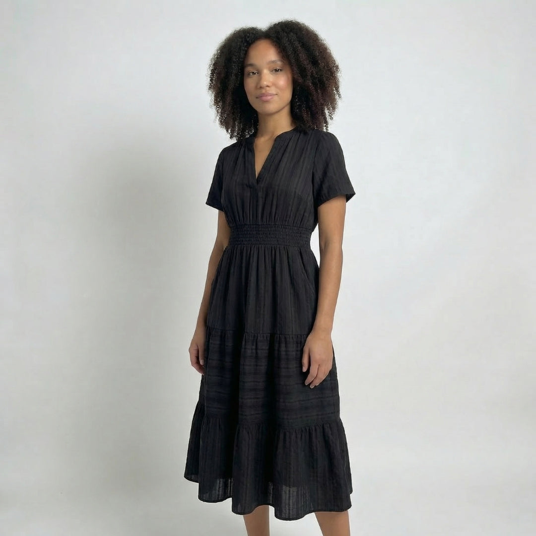 Clémence | Women’s Tiered Short-Sleeve Midi Dress with Pockets