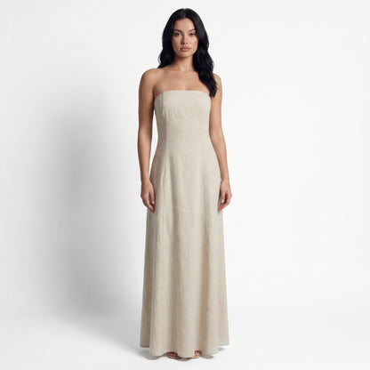Cleo Women's Linen Maxi Sundress, Wide Strap Open Back with Pockets