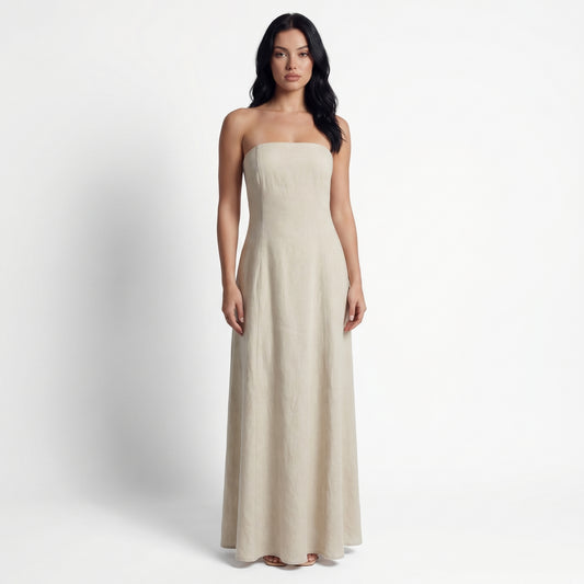 Cleo Women's Linen Maxi Sundress, Wide Strap Open Back with Pockets
