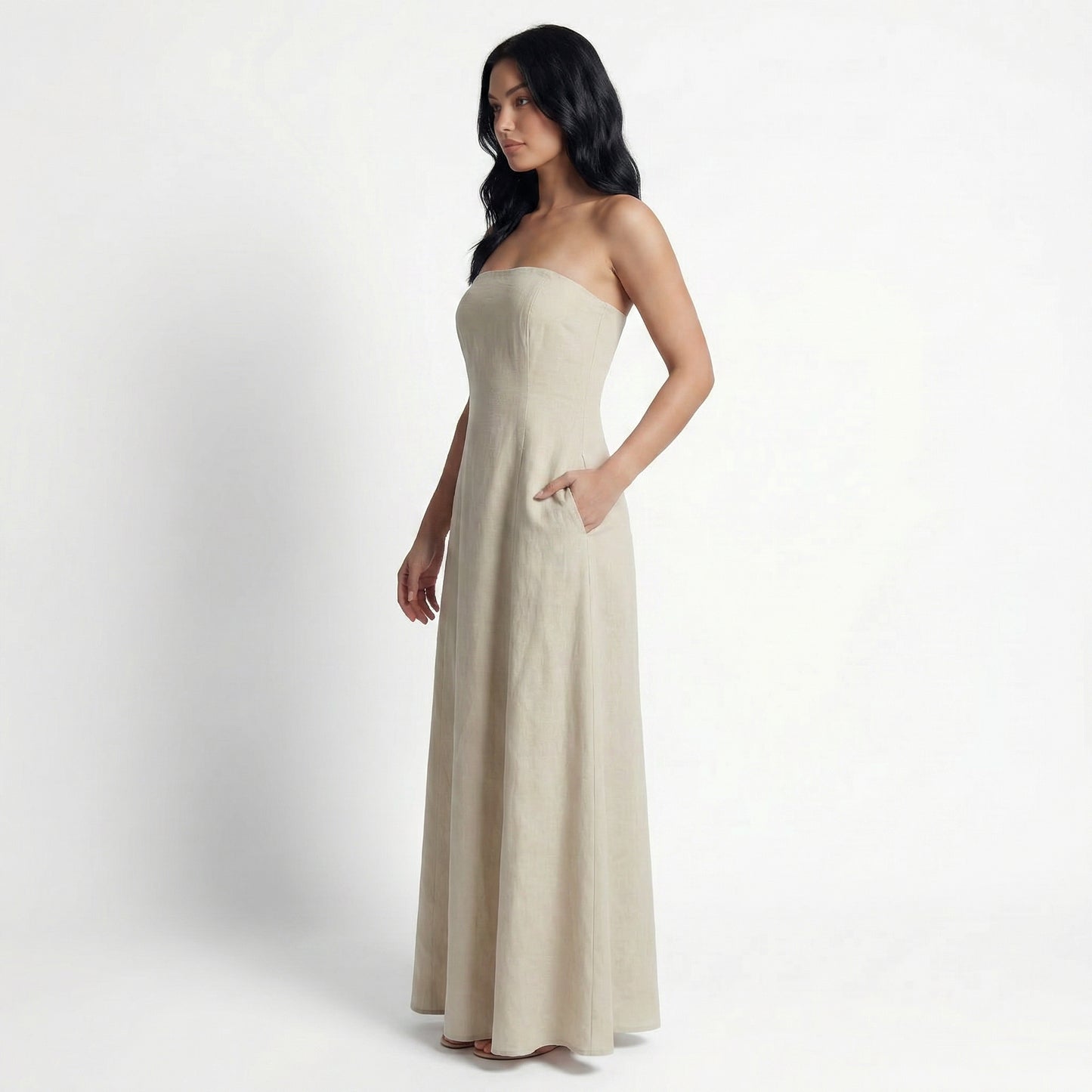 Cleo Women's Linen Maxi Sundress, Wide Strap Open Back with Pockets