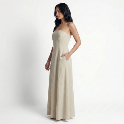 Cleo Women's Linen Maxi Sundress, Wide Strap Open Back with Pockets