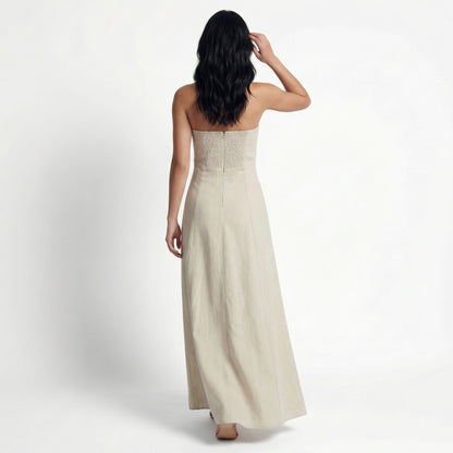 Cleo Women's Linen Maxi Sundress, Wide Strap Open Back with Pockets