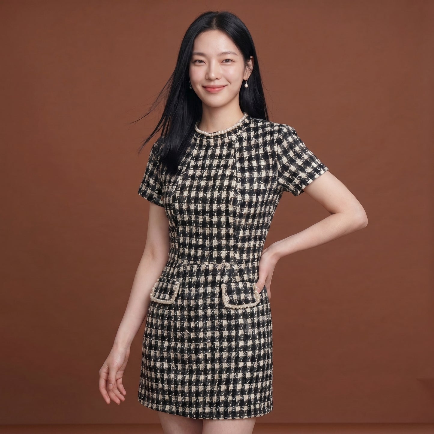 Cleo Women's Mini Dress Plaid Tweed Bead Trim, Slim Fit