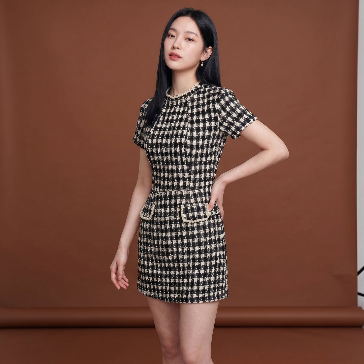 Cleo Women's Mini Dress Plaid Tweed Bead Trim, Slim Fit