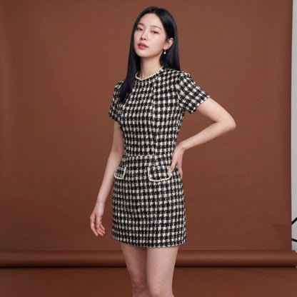 Cleo Women's Mini Dress Plaid Tweed Bead Trim, Slim Fit