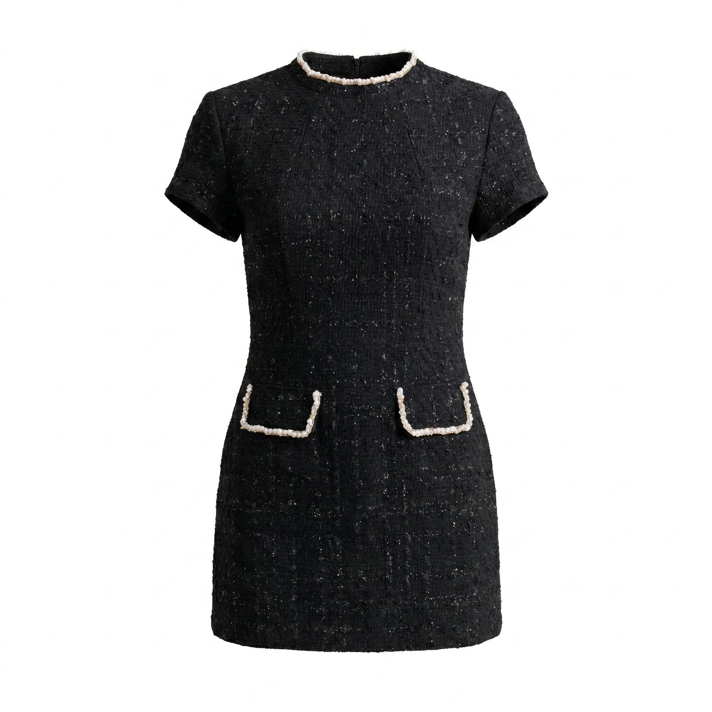 Coco Women's Mini Dress Bead Trim Tweed, Short Sleeve A-Line