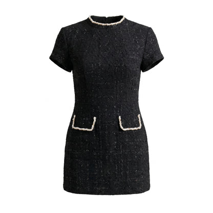 Coco Women's Mini Dress Bead Trim Tweed, Short Sleeve A-Line