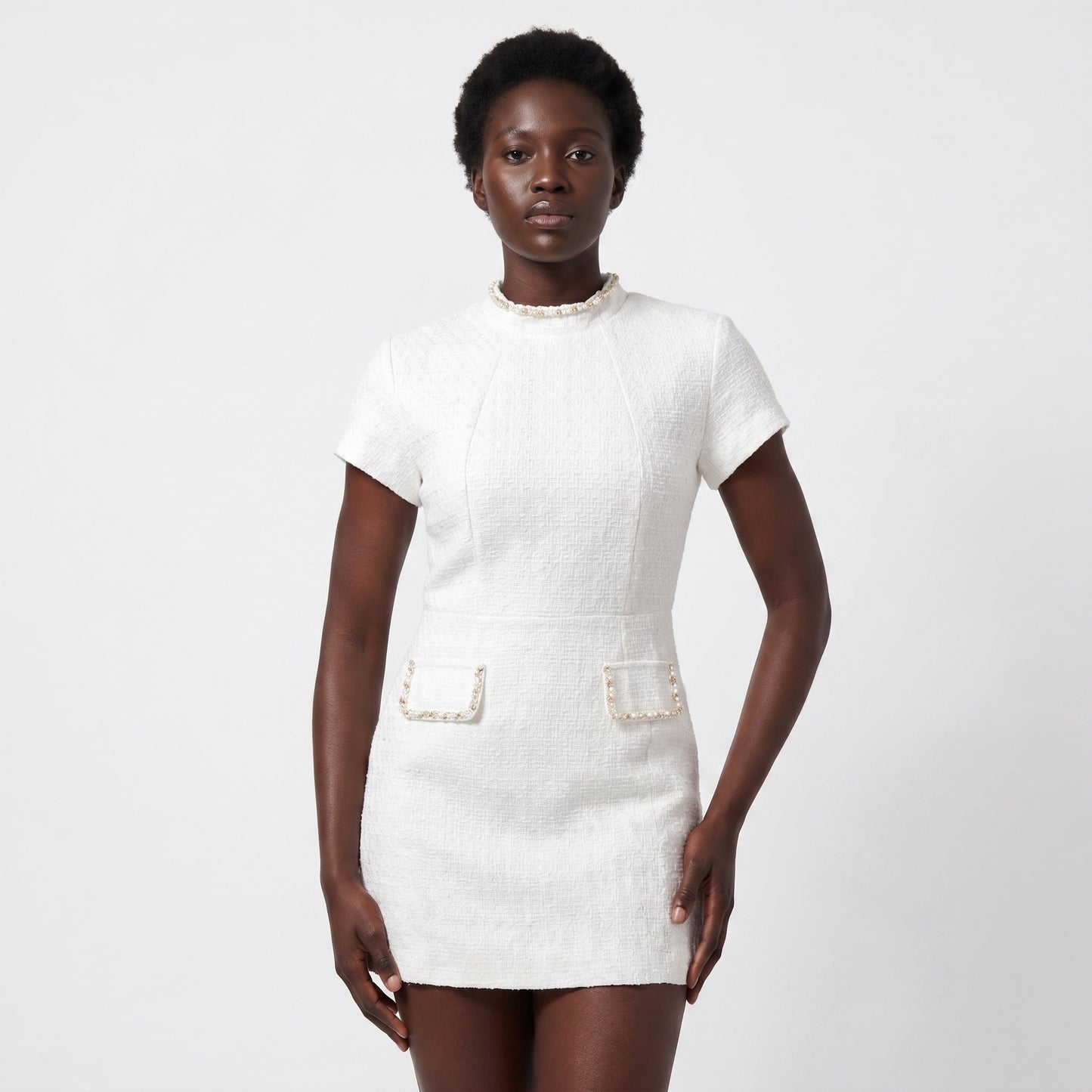 Coco Women's Mini Dress Bead Trim Tweed, Short Sleeve A-Line