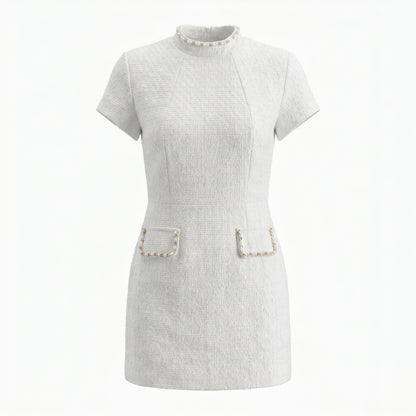Coco Women's Mini Dress Bead Trim Tweed, Short Sleeve A-Line