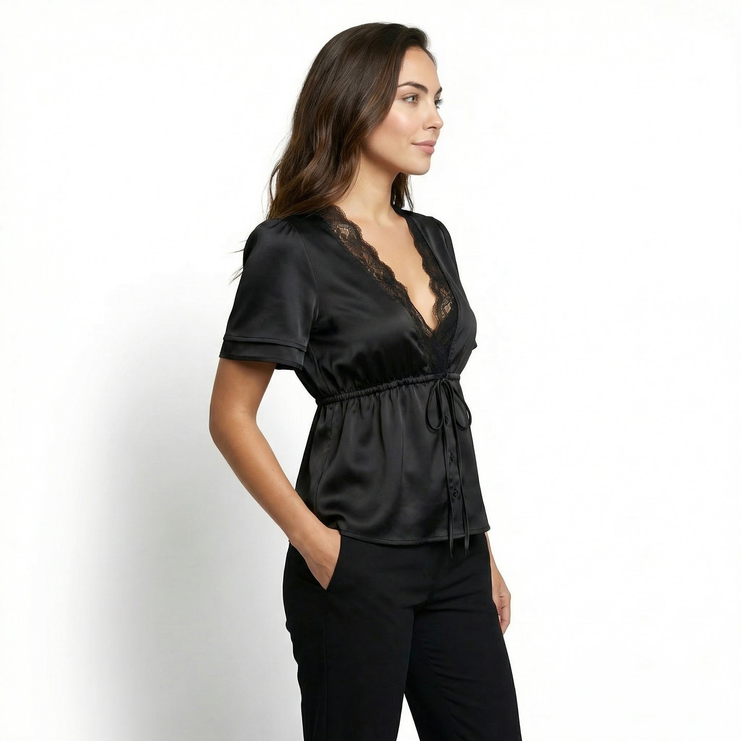 Colette Women's Lace Trim V-Neck Cropped Top, Short Sleeve Tie Front