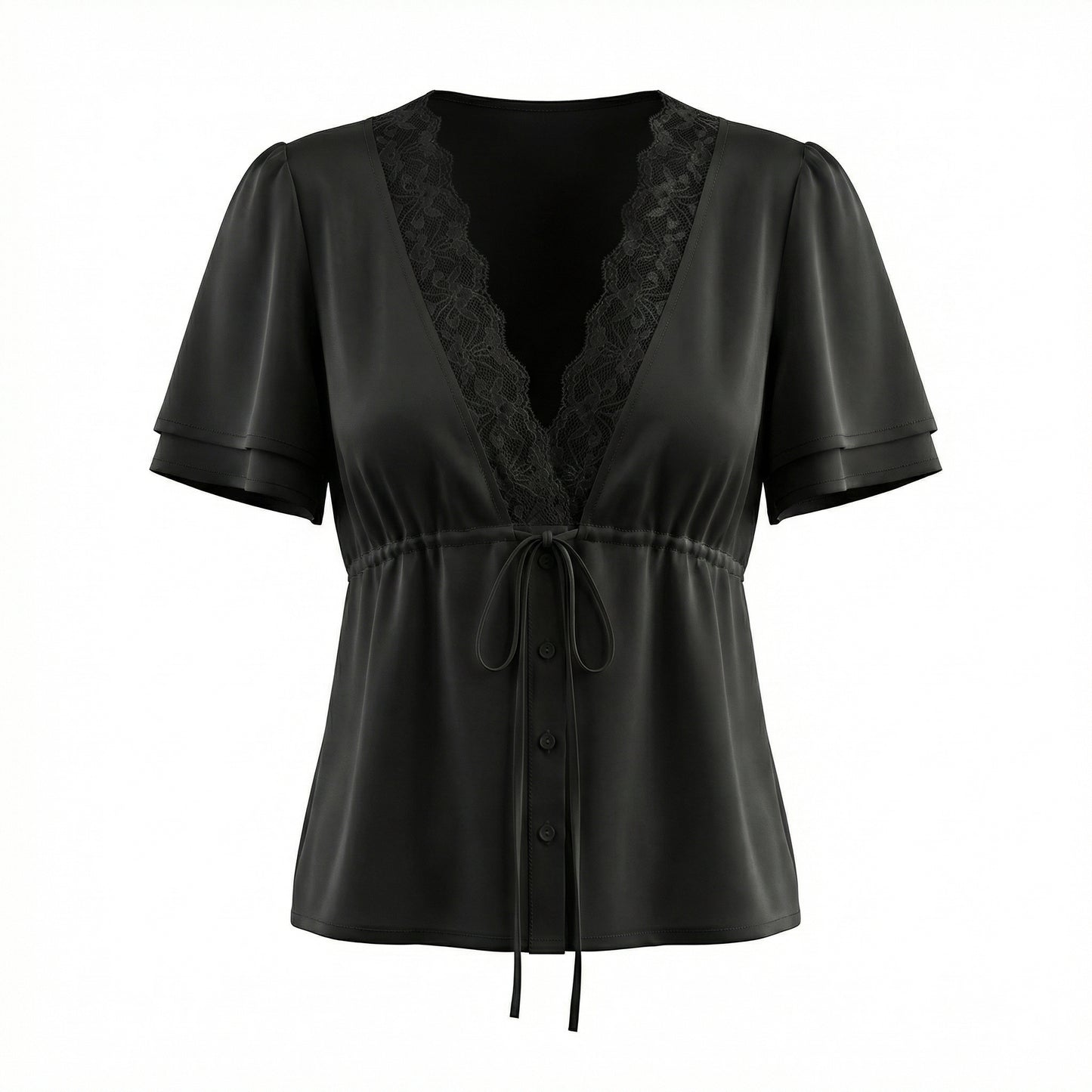 Colette Women's Lace Trim V-Neck Cropped Top, Short Sleeve Tie Front