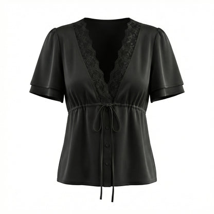 Colette Women's Lace Trim V-Neck Cropped Top, Short Sleeve Tie Front