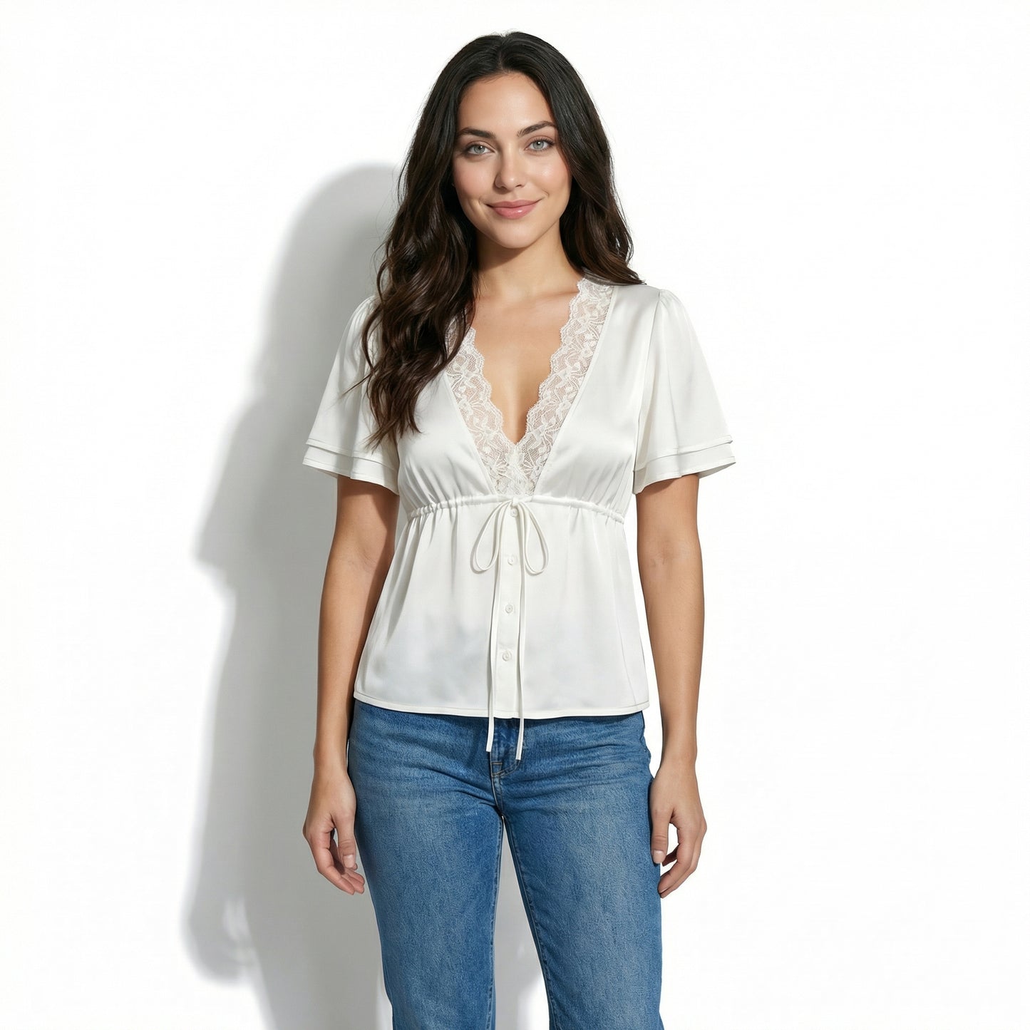 Colette Women's Lace Trim V-Neck Cropped Top, Short Sleeve Tie Front