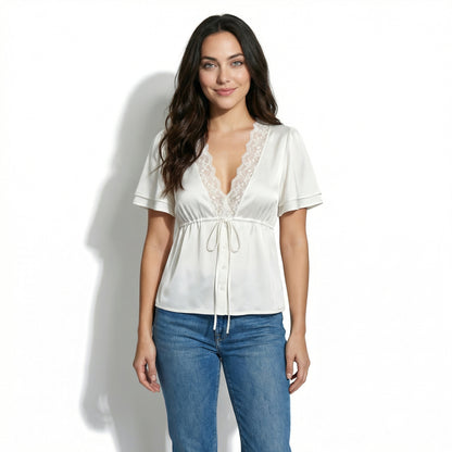 Colette Women's Lace Trim V-Neck Cropped Top, Short Sleeve Tie Front