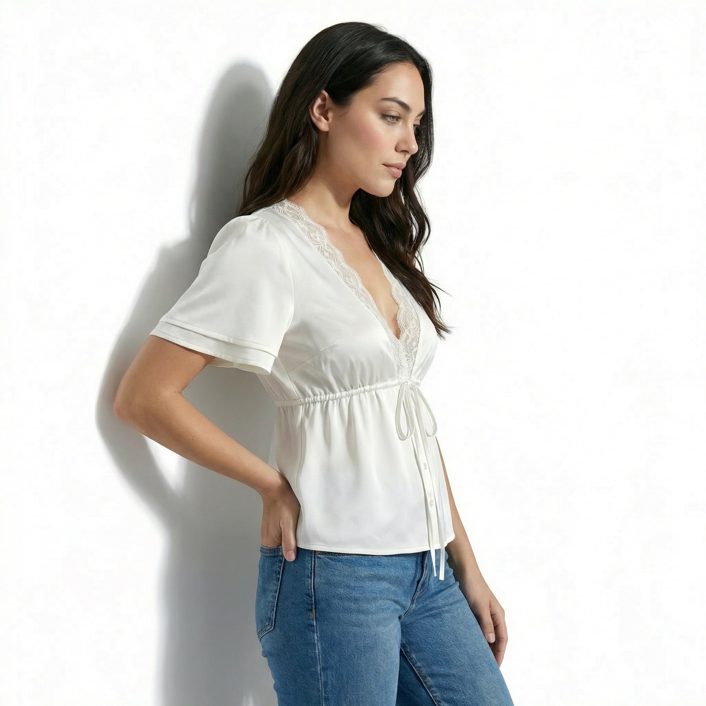 Colette Women's Lace Trim V-Neck Cropped Top, Short Sleeve Tie Front