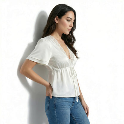 Colette Women's Lace Trim V-Neck Cropped Top, Short Sleeve Tie Front