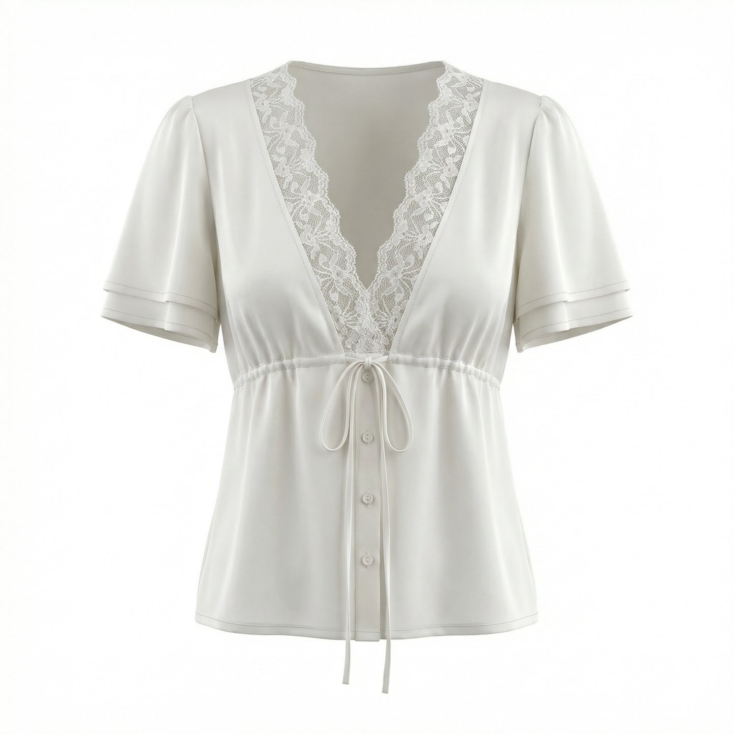 Colette Women's Lace Trim V-Neck Cropped Top, Short Sleeve Tie Front