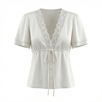 Colette Women's Lace Trim V-Neck Cropped Top, Short Sleeve Tie Front