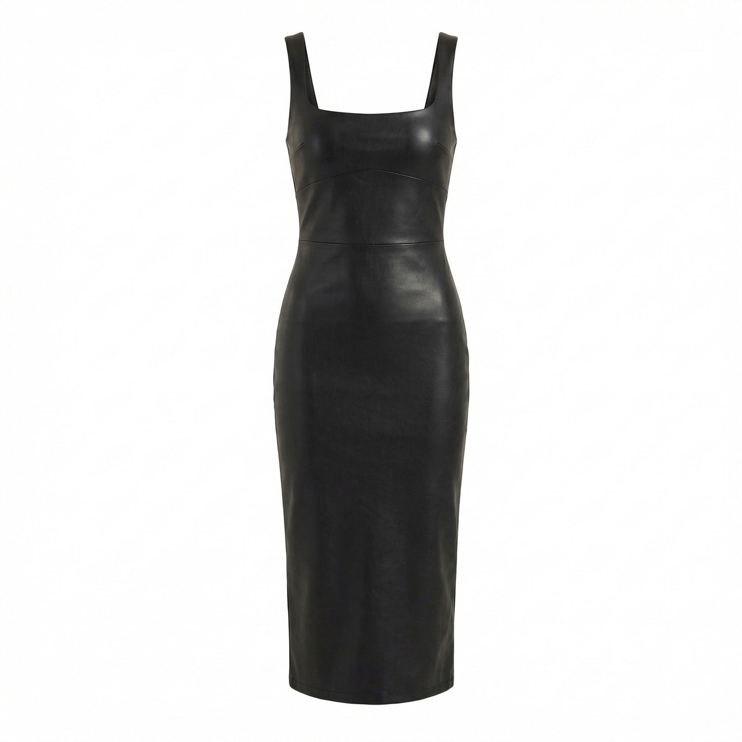 Corinne | Women’s Faux Leather Midi Bodycon Dress Square-Neck