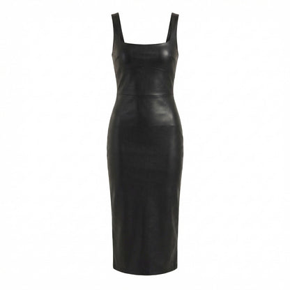 Corinne | Women’s Faux Leather Midi Bodycon Dress Square-Neck