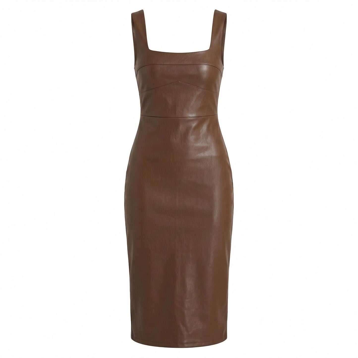 Corinne | Women’s Faux Leather Midi Bodycon Dress Square-Neck