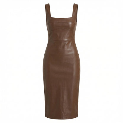 Corinne | Women’s Faux Leather Midi Bodycon Dress Square-Neck