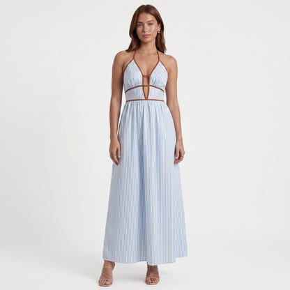 Cote Women's Maxi Dress Striped Halter Backless, Deep V-Neck