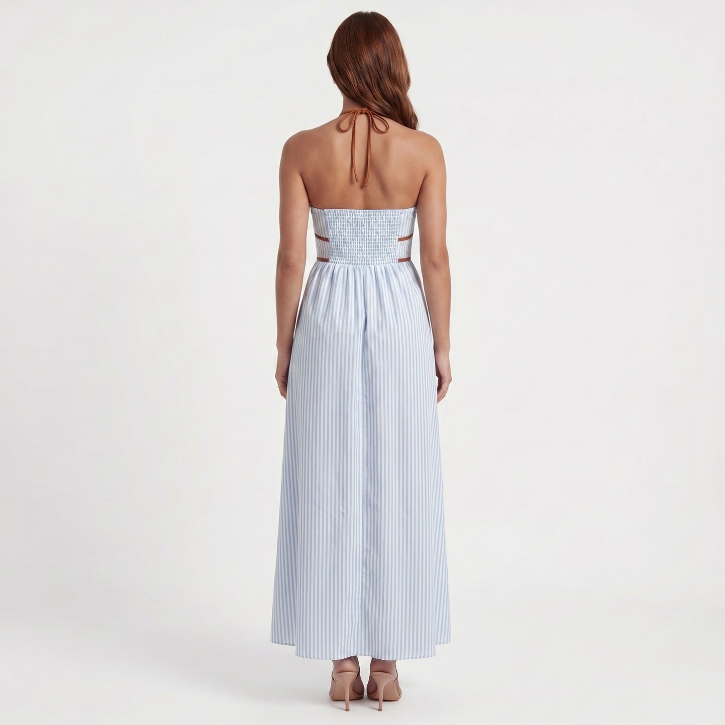 Cote Women's Maxi Dress Striped Halter Backless, Deep V-Neck
