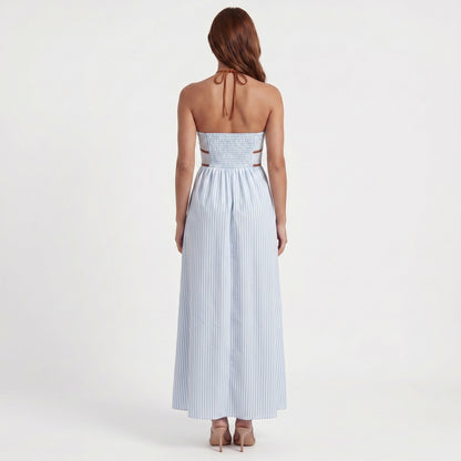 Cote Women's Maxi Dress Striped Halter Backless, Deep V-Neck