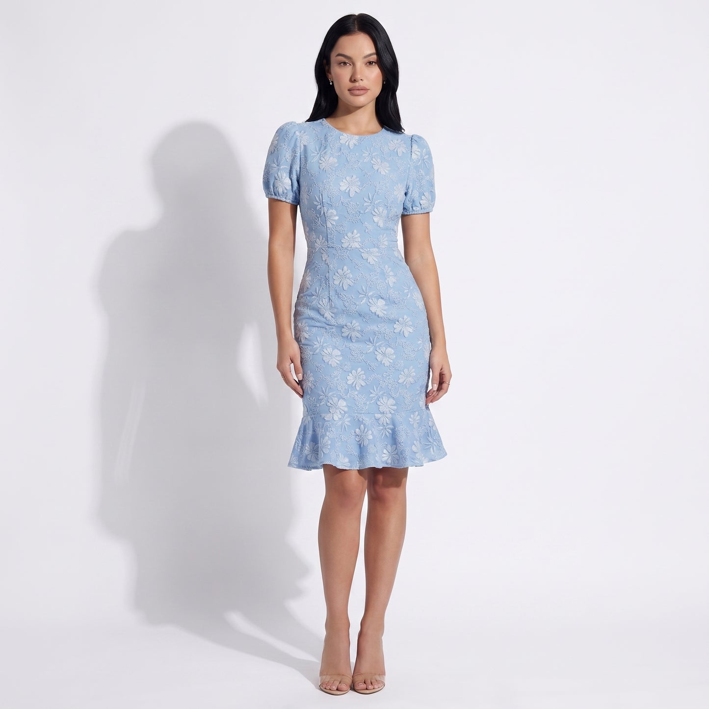 Daisy Women's Jacquard Floral Fishtail Midi Dress, Short Puff Sleeve