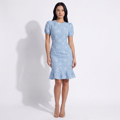 Daisy Women's Jacquard Floral Fishtail Midi Dress, Short Puff Sleeve