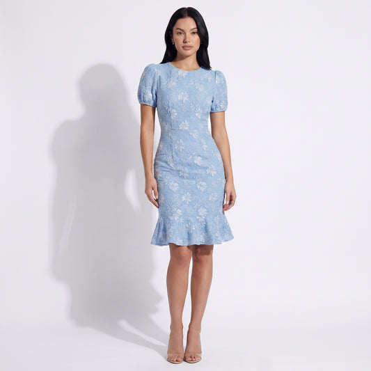 Daisy Women's Jacquard Floral Fishtail Midi Dress, Short Puff Sleeve
