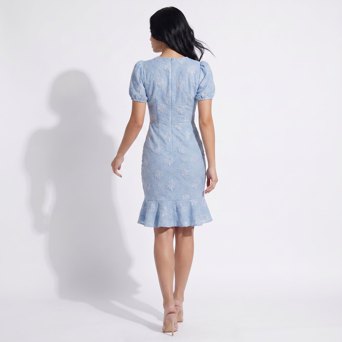 Daisy Women's Jacquard Floral Fishtail Midi Dress, Short Puff Sleeve