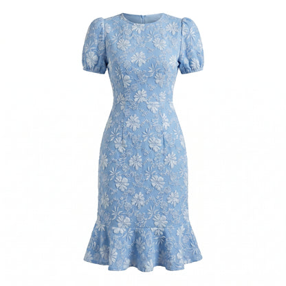 Daisy Women's Jacquard Floral Fishtail Midi Dress, Short Puff Sleeve