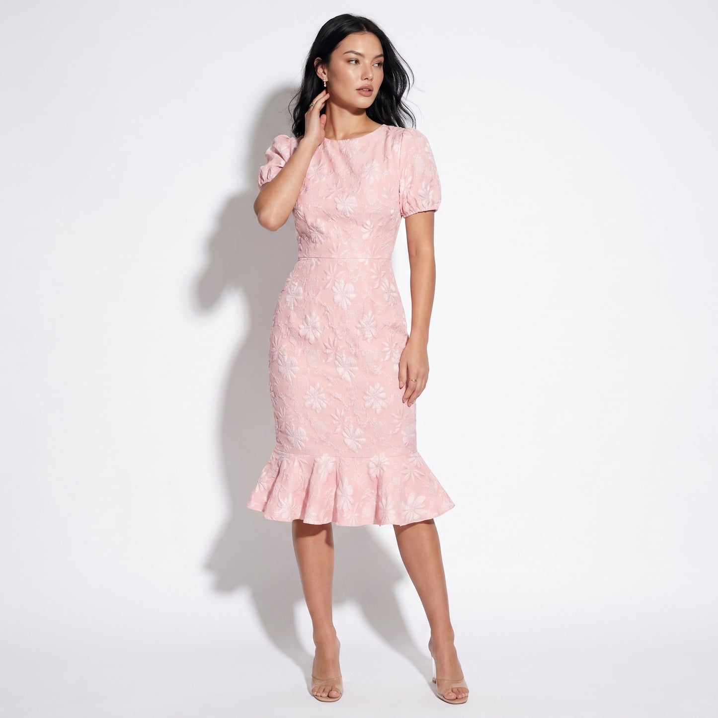 Daisy Women's Jacquard Floral Fishtail Midi Dress, Short Puff Sleeve
