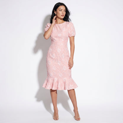 Daisy Women's Jacquard Floral Fishtail Midi Dress, Short Puff Sleeve