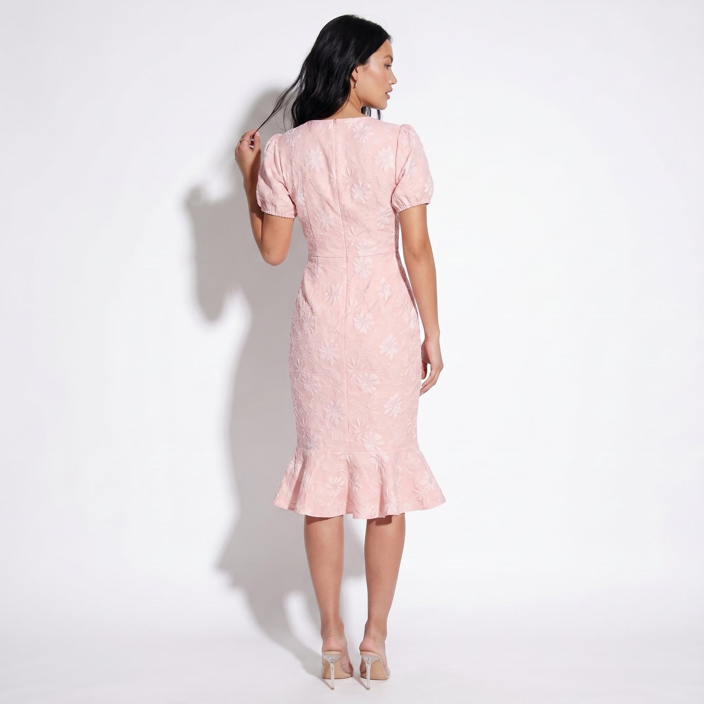 Daisy Women's Jacquard Floral Fishtail Midi Dress, Short Puff Sleeve