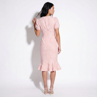 Daisy Women's Jacquard Floral Fishtail Midi Dress, Short Puff Sleeve