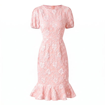 Daisy Women's Jacquard Floral Fishtail Midi Dress, Short Puff Sleeve