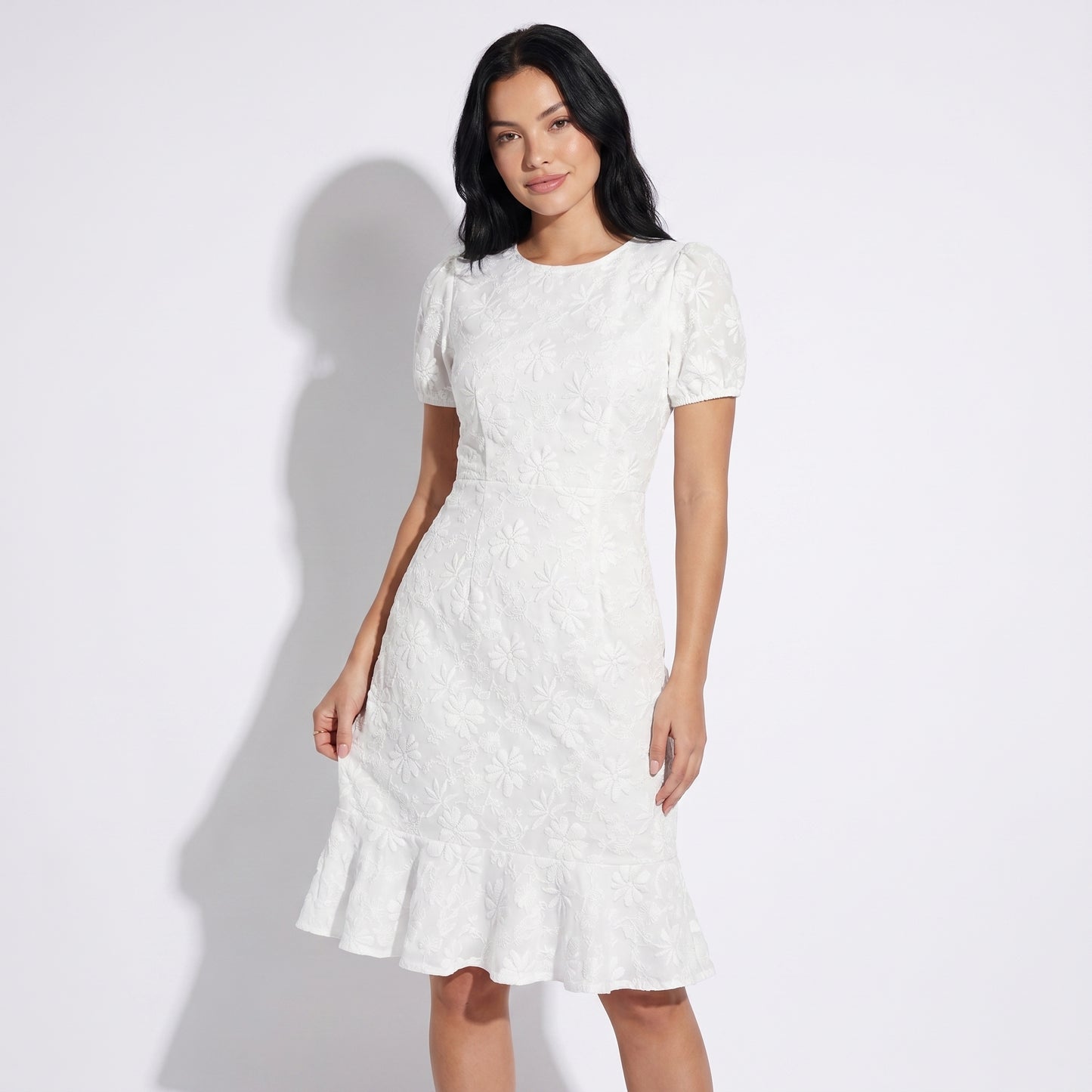 Daisy Women's Jacquard Floral Fishtail Midi Dress, Short Puff Sleeve