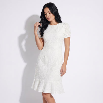 Daisy Women's Jacquard Floral Fishtail Midi Dress, Short Puff Sleeve