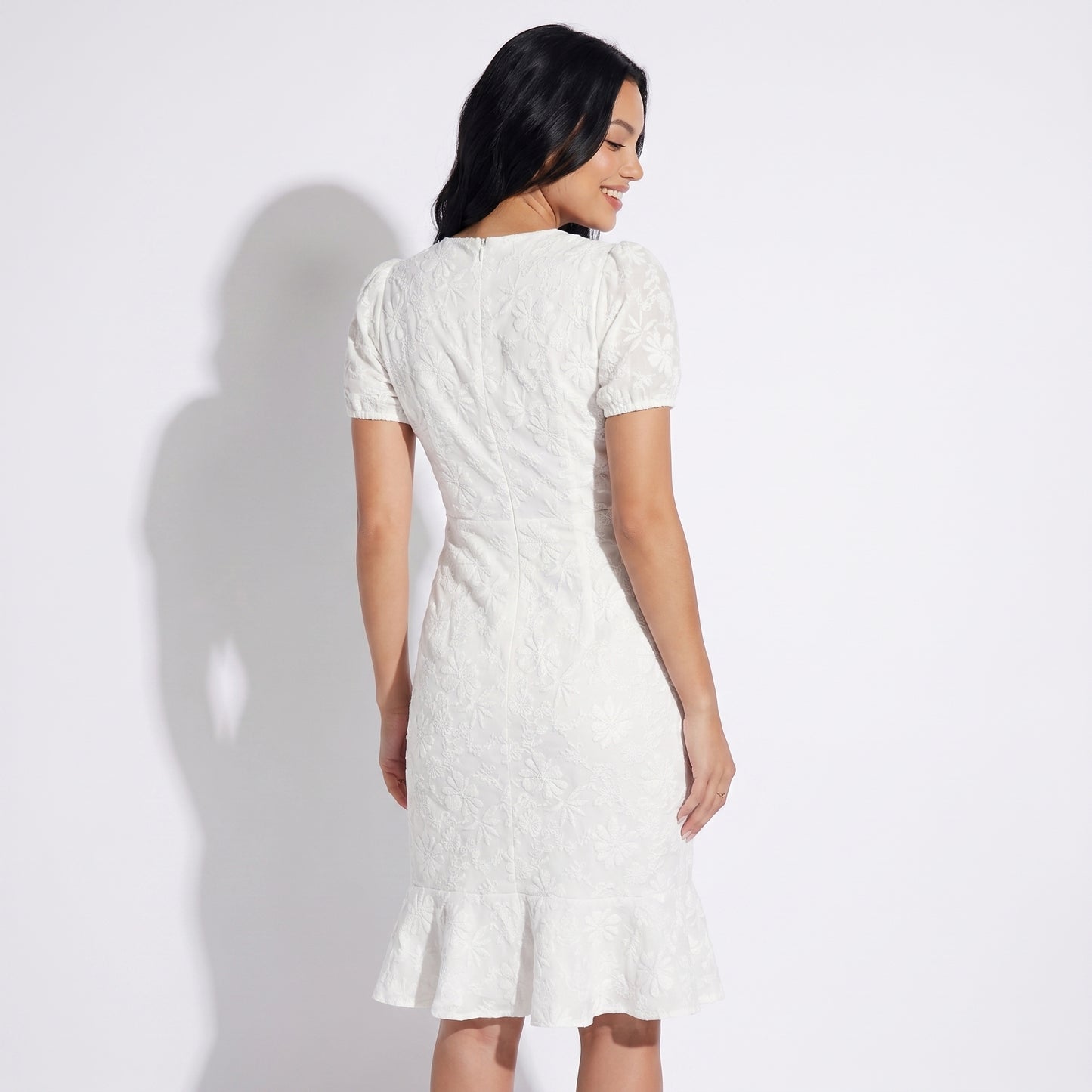 Daisy Women's Jacquard Floral Fishtail Midi Dress, Short Puff Sleeve