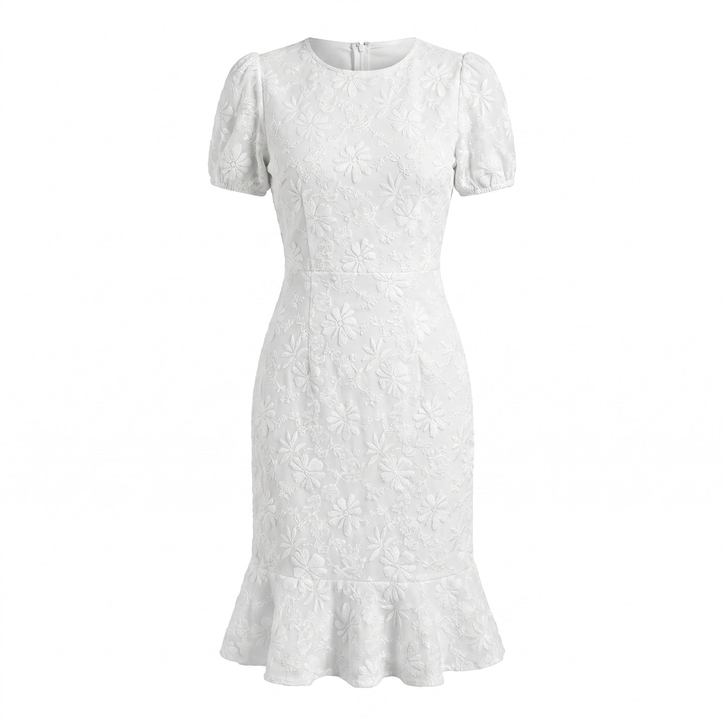 Daisy Women's Jacquard Floral Fishtail Midi Dress, Short Puff Sleeve