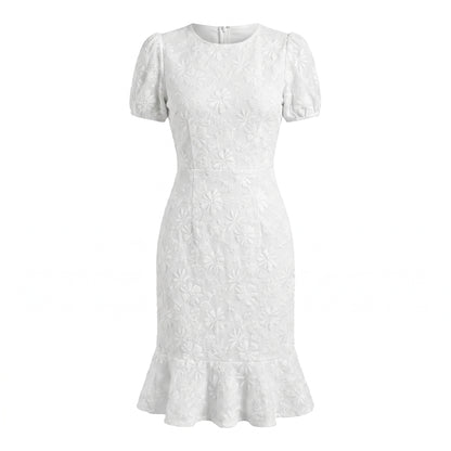Daisy Women's Jacquard Floral Fishtail Midi Dress, Short Puff Sleeve