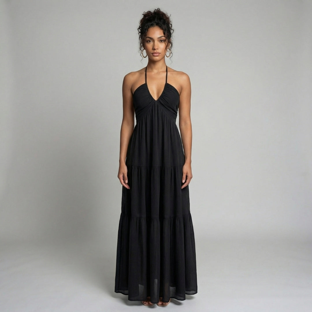 Delphine | Women’s Halter Tiered Maxi Dress with Tie-Back