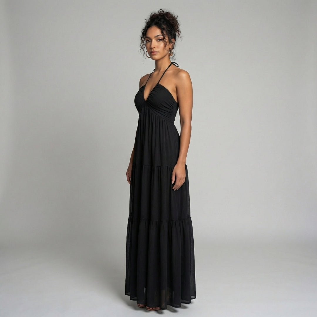 Delphine | Women’s Halter Tiered Maxi Dress with Tie-Back
