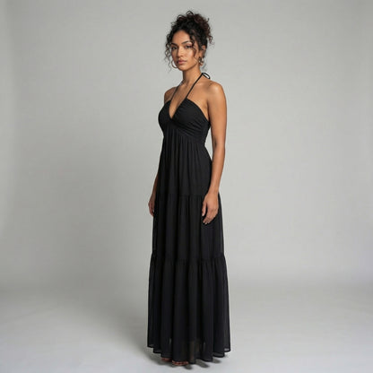 Delphine | Women’s Halter Tiered Maxi Dress with Tie-Back